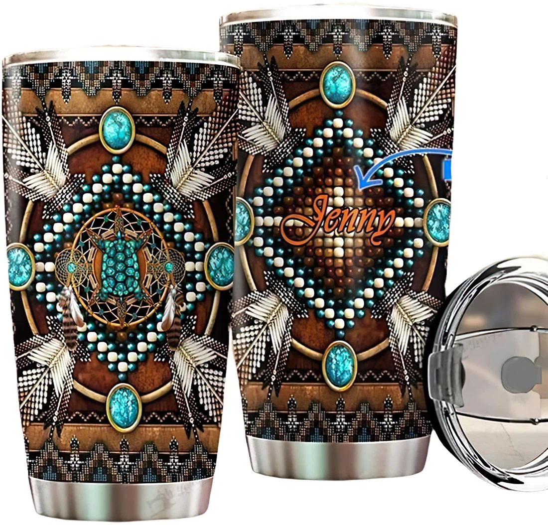 Personalized Name Native American Turtle Brown Pattern Tumbler 20 Oz Or 30 Oz Vacuum Insulated Travel Mug