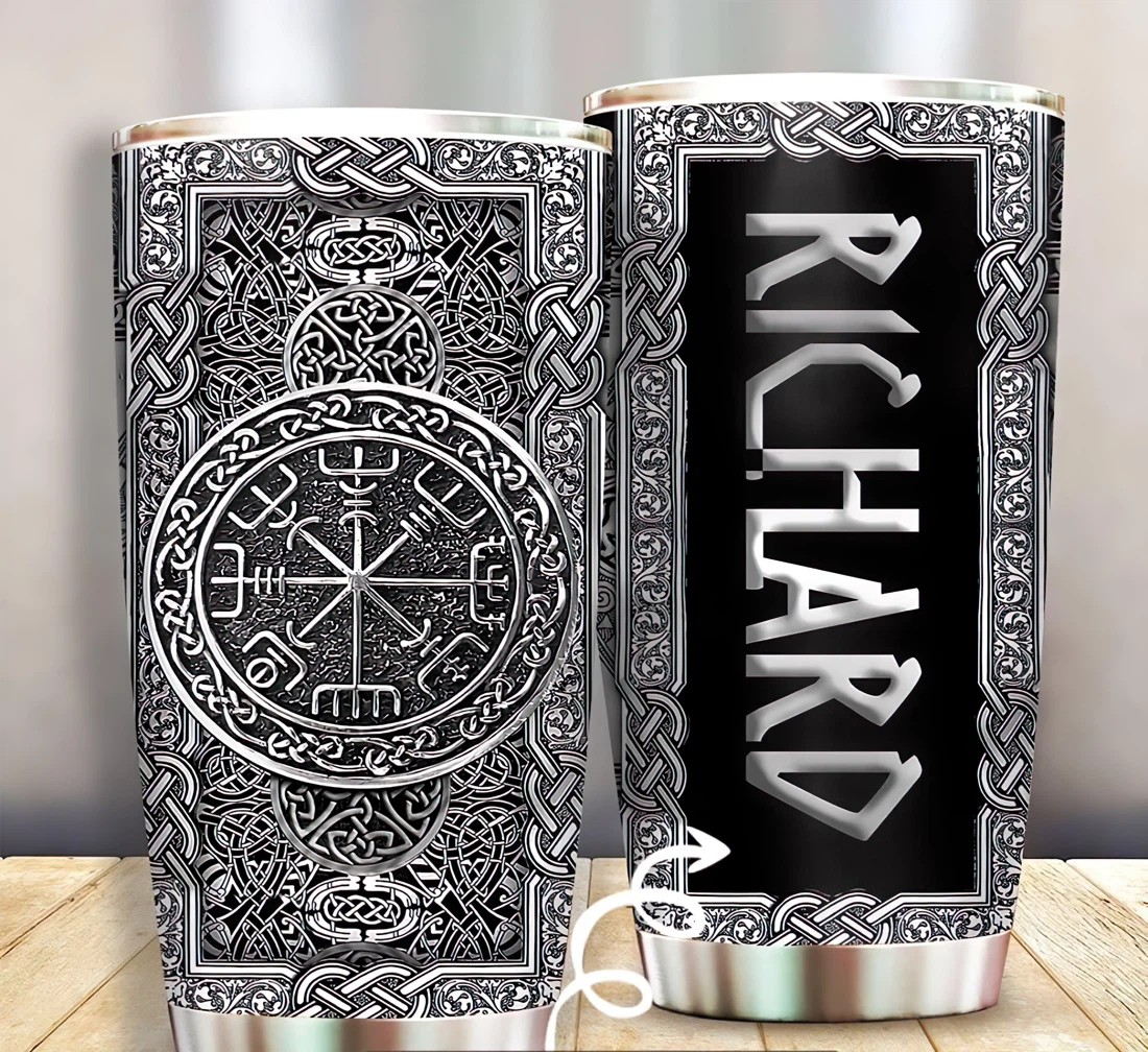 Viking Sign Silver Style Personalized Custom Name 3D Printed Stainless Steel Insulated Coffee Tumbler 20oz, 30oz With Lid