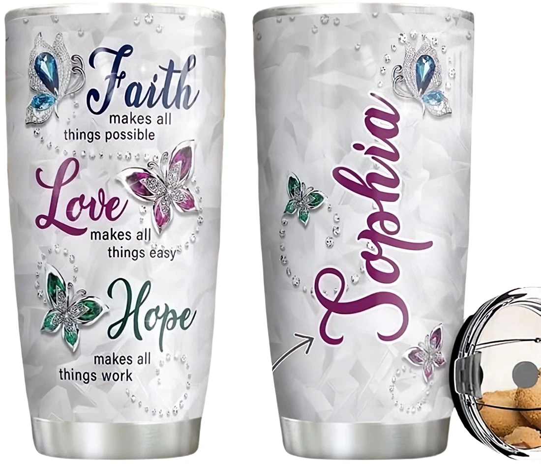 Personalized Name Butterfly Gemstone Faith Love Hope Tumbler 20 Oz Or 30 Oz