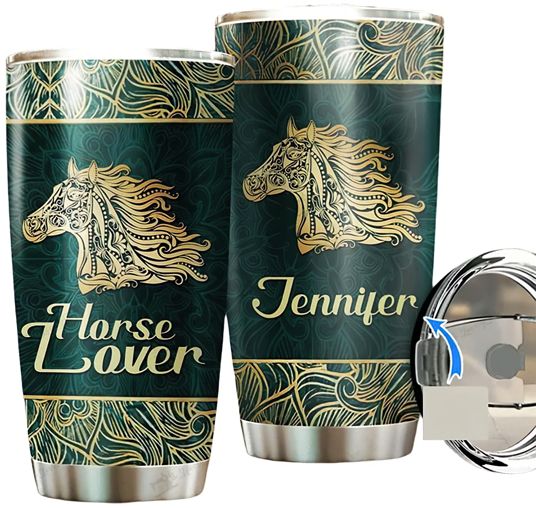 Personalized Name Horse Lover Gold And Green Pattern Tumbler 20 Oz Or 30 Oz