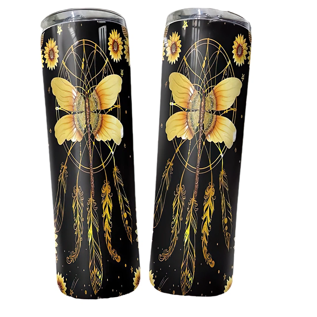 Personalized Name Dragonfly Sunflower Glitter Tumblers 17 Oz Glitter with Lid and Plastic Straws Travel Mug