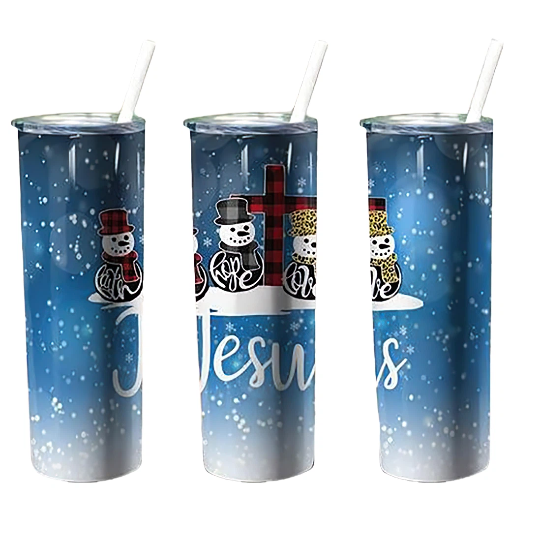 Personalized Name Jesus Snowman Faith Hope Love Tumblers 17 Oz Glitter with Lid and Plastic Straws Travel Mug