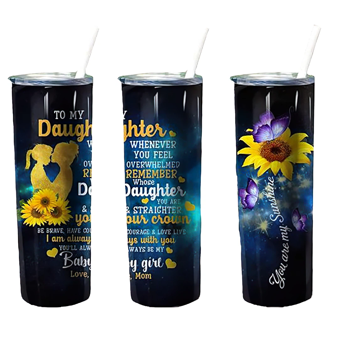 Personalized Name Daughter And Sunflower Tumblers 17 Oz Glitter with Lid and Plastic Straws Travel Mug