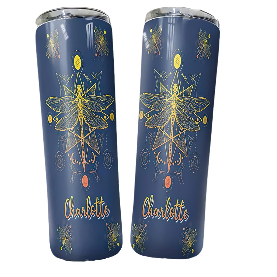 Personalized Name Dragonfly Sparkling Glitter2 Tumblers 17 Oz Glitter with Lid and Plastic Straws Travel Mug