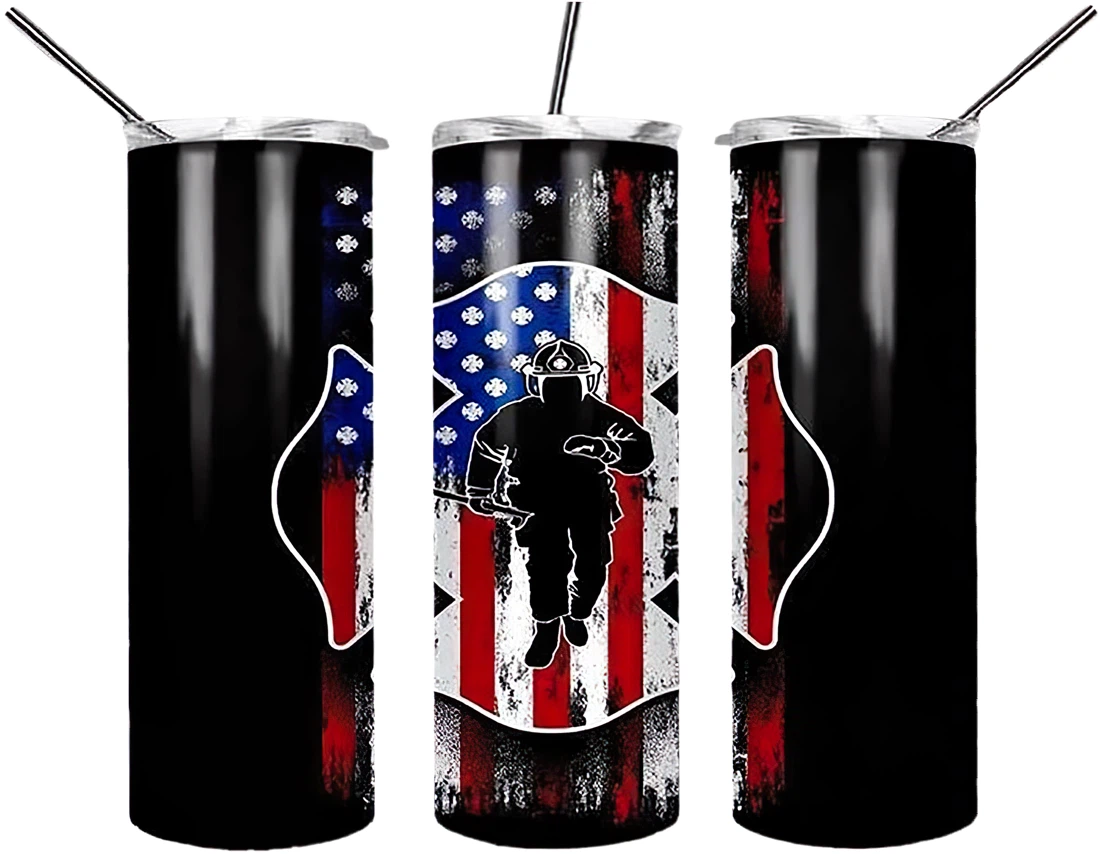 Personalized Name Fire Fighter American Flag Tumblers 17 Oz Glitter with Lid and Plastic Straws Travel Mug