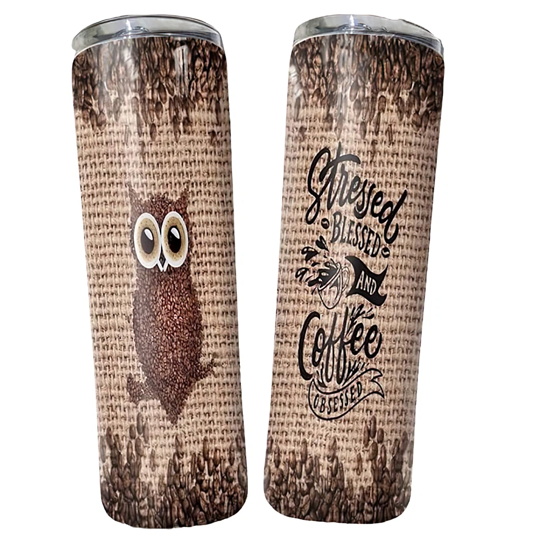 Personalized Name Owl Coffee Stressed Biessed Tumblers 17 Oz Glitter with Lid and Plastic Straws Travel Mug