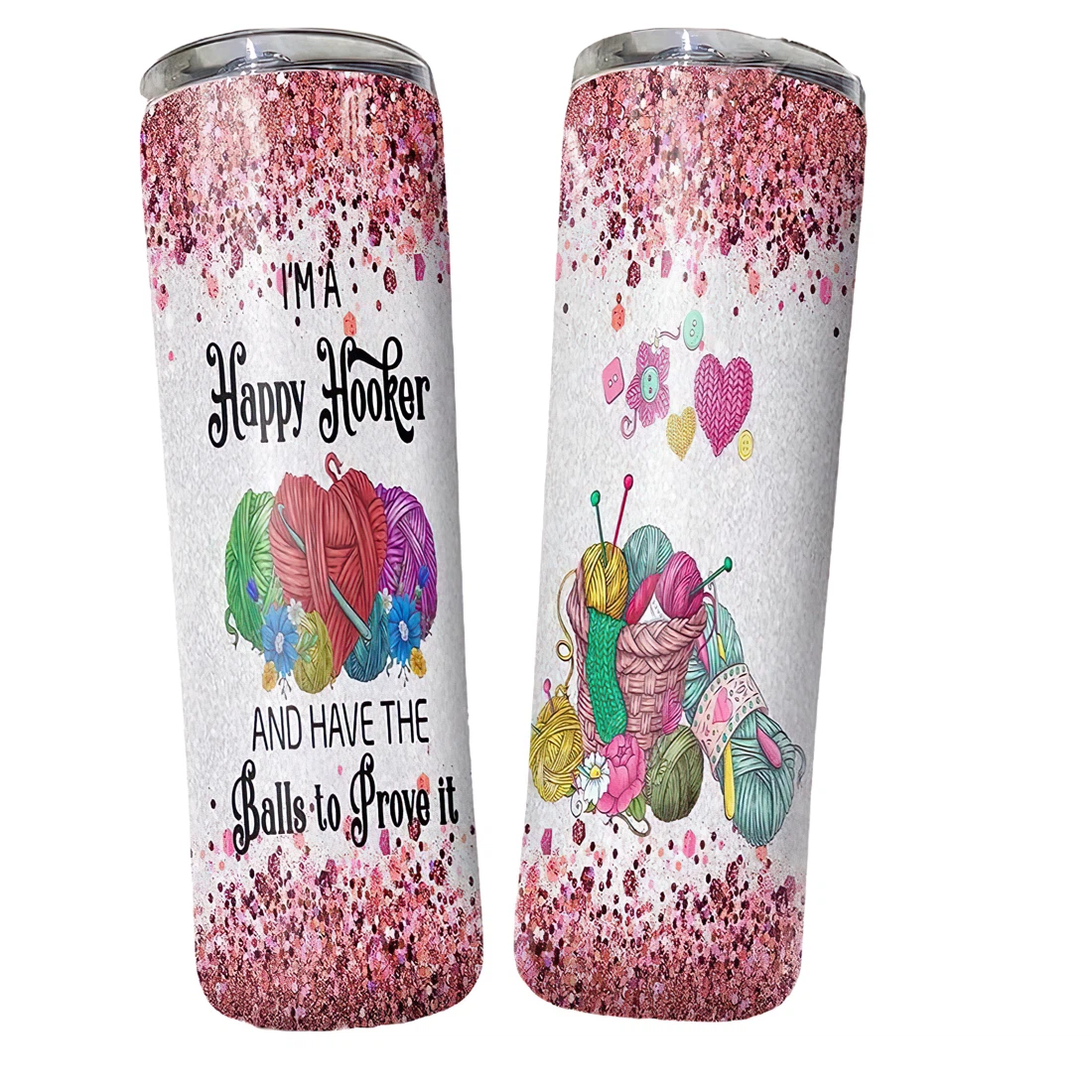 Personalized Name Knitting The Balls To Prove It Tumblers 17 Oz Glitter With Lid and Plastic Straws Travel Mug