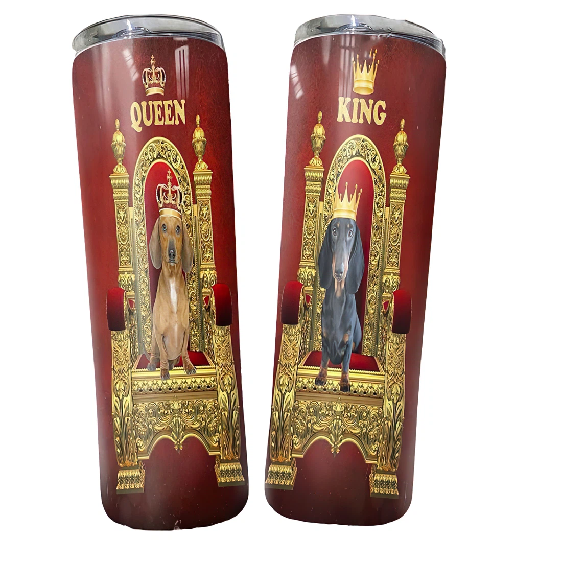 Personalized Name Dachshund King And Queen Tumblers 17 Oz Glitter with Lid and Plastic Straws Travel Mug