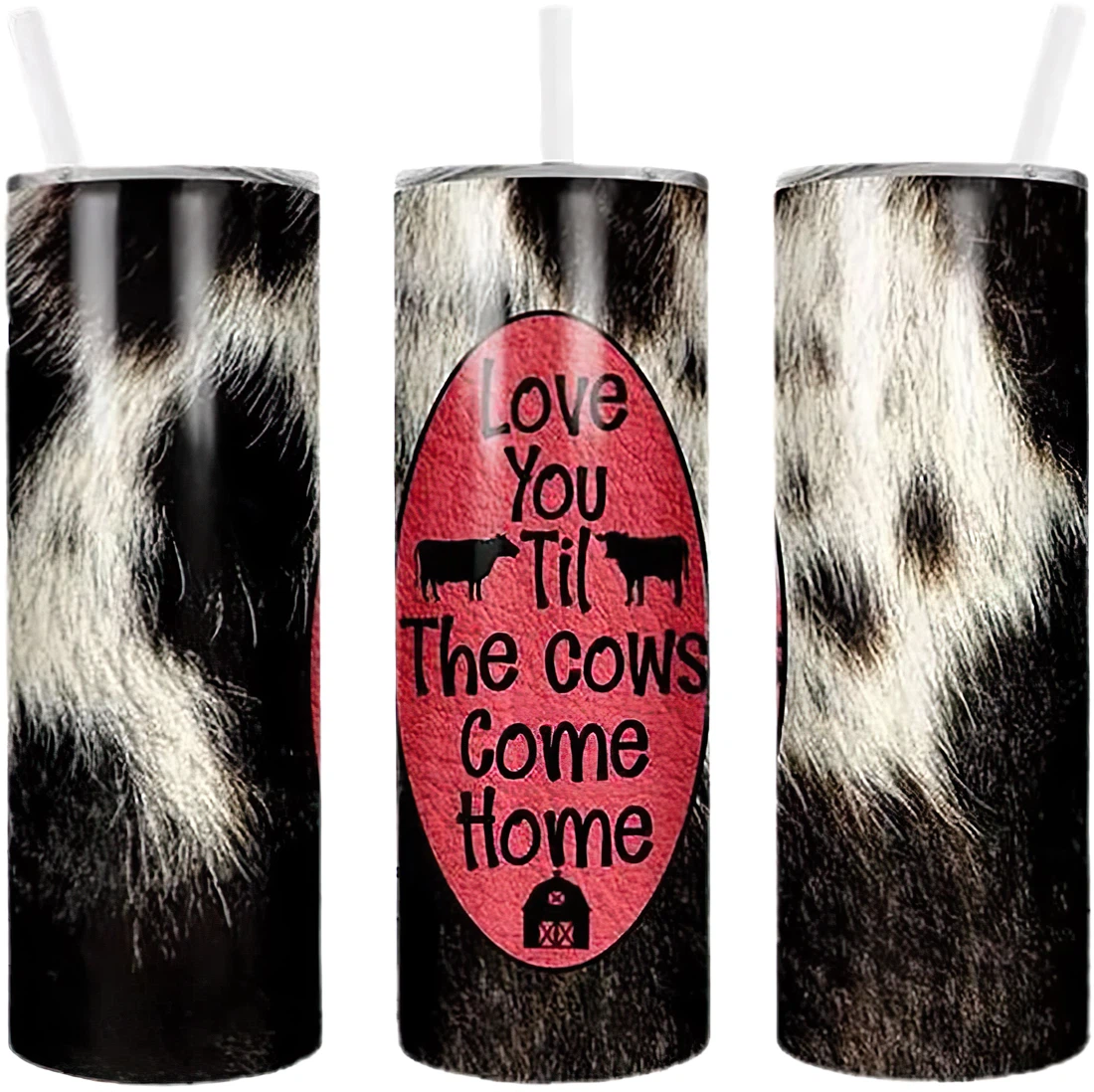 Personalized Name Cowhide Love You Till The Cows Tumblers 17 Oz Glitter with Lid and Plastic Straws Travel Mug