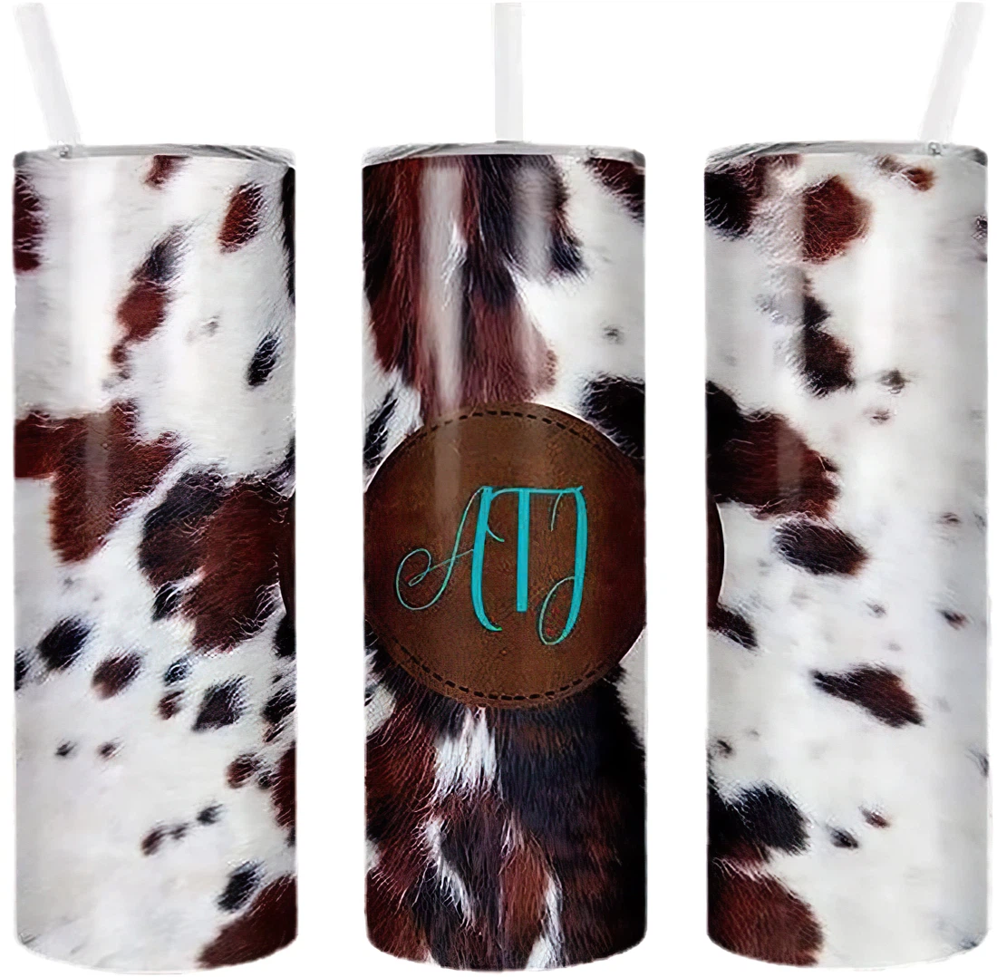 Personalized Name Cowhide Leather Beautiful Tumblers 17 Oz Glitter with Lid and Plastic Straws Travel Mug