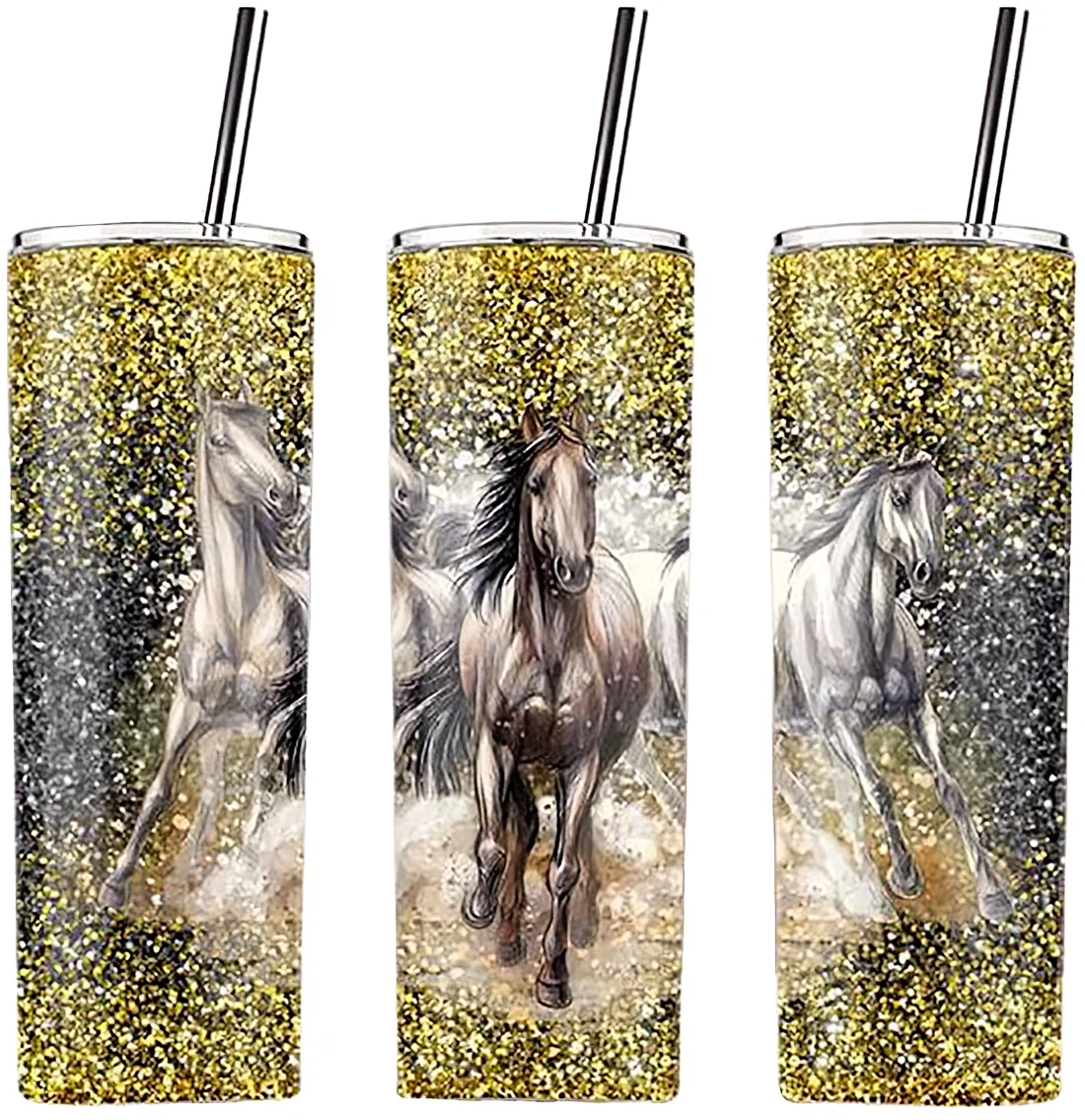 Personalized Name Horse Gold Beautiful Glitter Tumblers 17 Oz Glitter with Lid and Plastic Straws Travel Mug