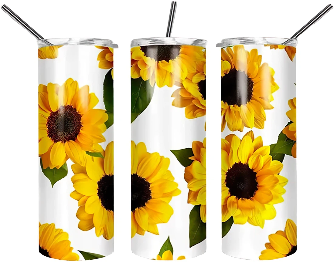 Personalized Name Sunflower White Background Tumblers 17 Oz Glitter with Lid and Plastic Straws Travel Mug