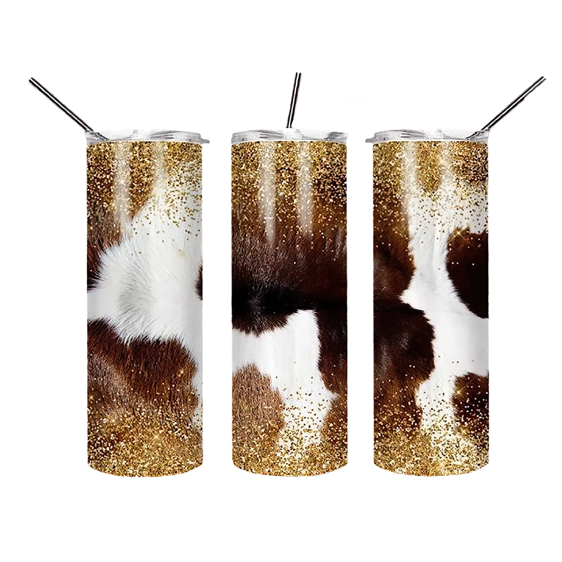 Personalized Name Cowhide Sparkling Glitter Tumblers 17 Oz Glitter with Lid and Plastic Straws Travel Mug