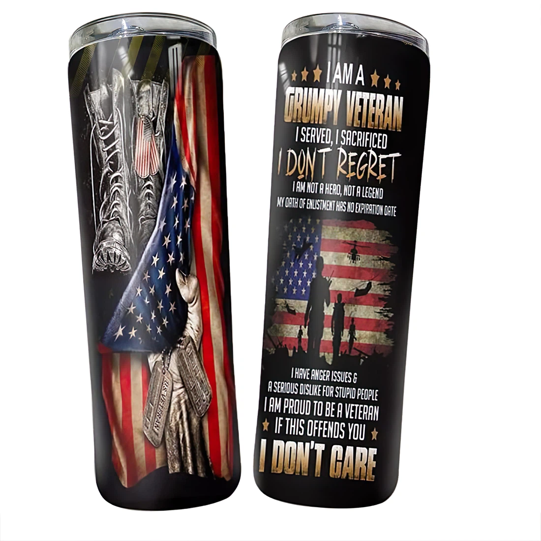 Personalized Name Grumpy Veteran American Flag Tumbler 17 Oz Glitter with Lid and Plastic Straws Travel Mug