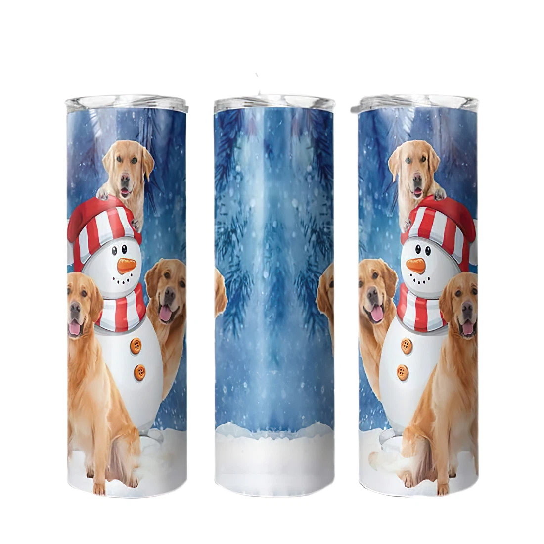 Personalized Name Golden Retriever Snowman Tumbler 17 Oz Glitter with Lid and Plastic Straws Travel Mug