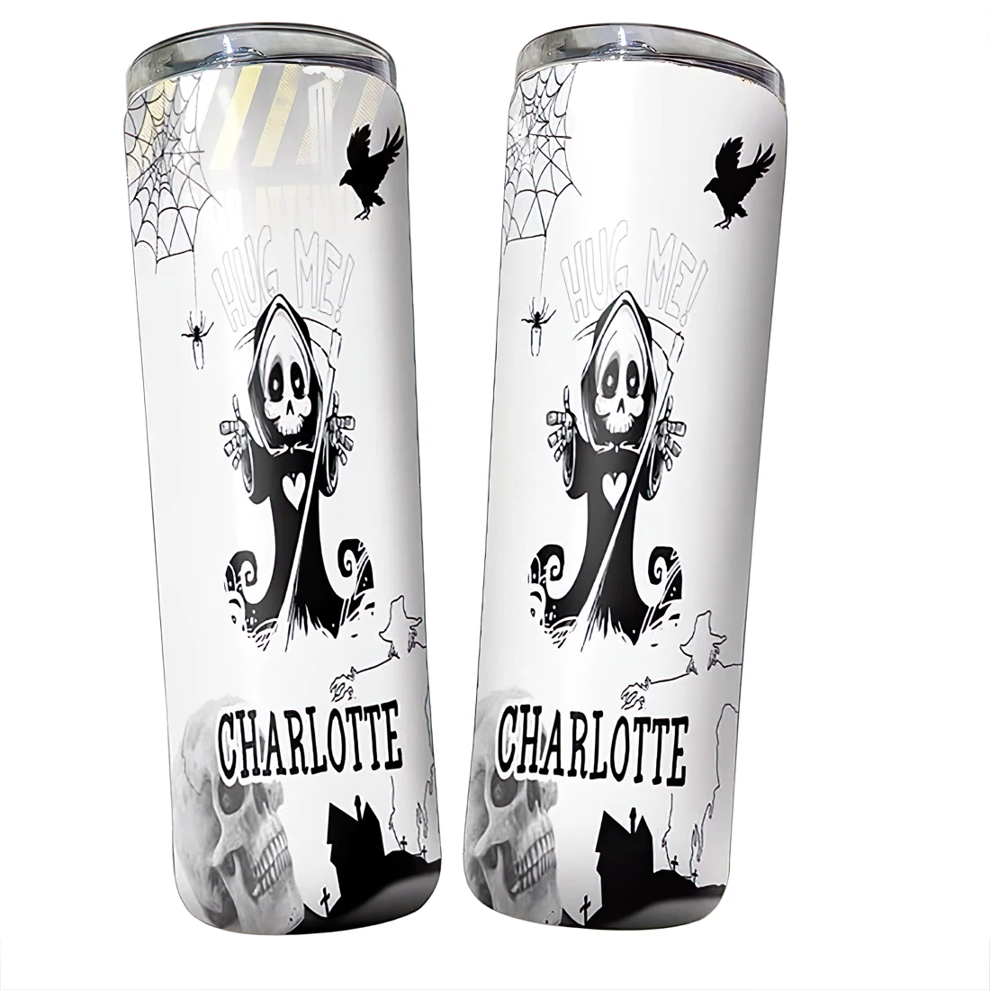 Personalized Name Grim Reaper Cute Scary Tumbler 17 Oz Glitter with Lid and Plastic Straws Travel Mug