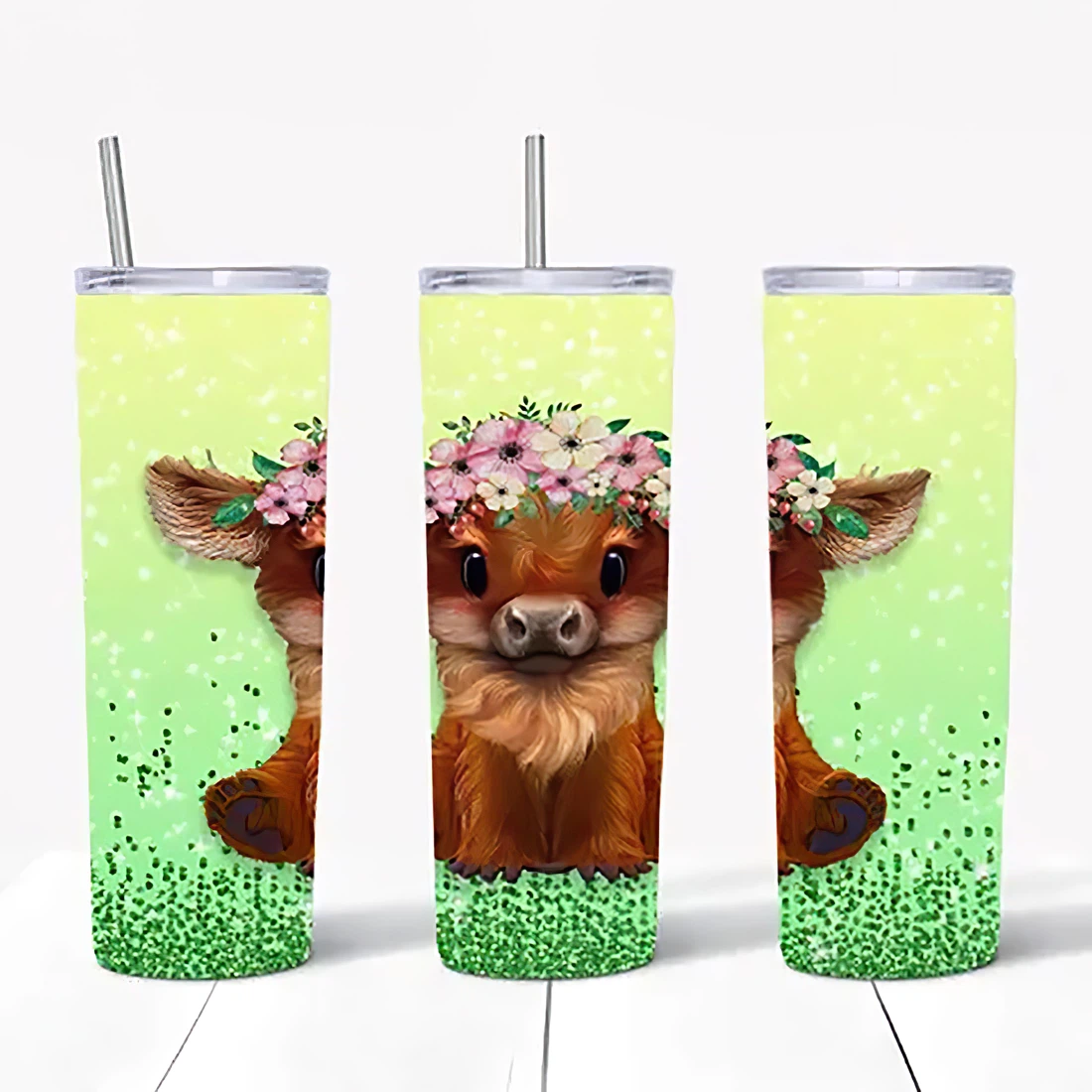 Personalized Name Green Glitter Calf Flower Tumbler  17 Oz Glitter with Lid and Plastic Straws Travel Mug