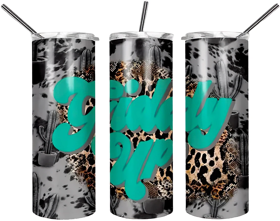 Personalized Name Giddy Up Leopard Teal Tumbler 17 Oz Glitter with Lid and Plastic Straws Travel Mug
