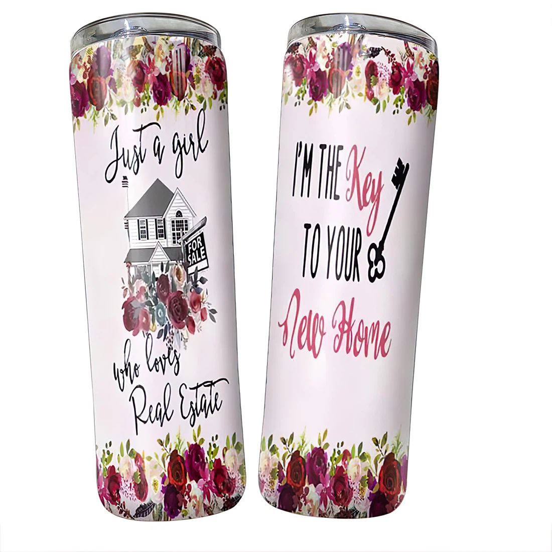 Personalized Name Girl Loves Real Estate Tumbler 17 Oz Glitter with Lid and Plastic Straws Travel Mug