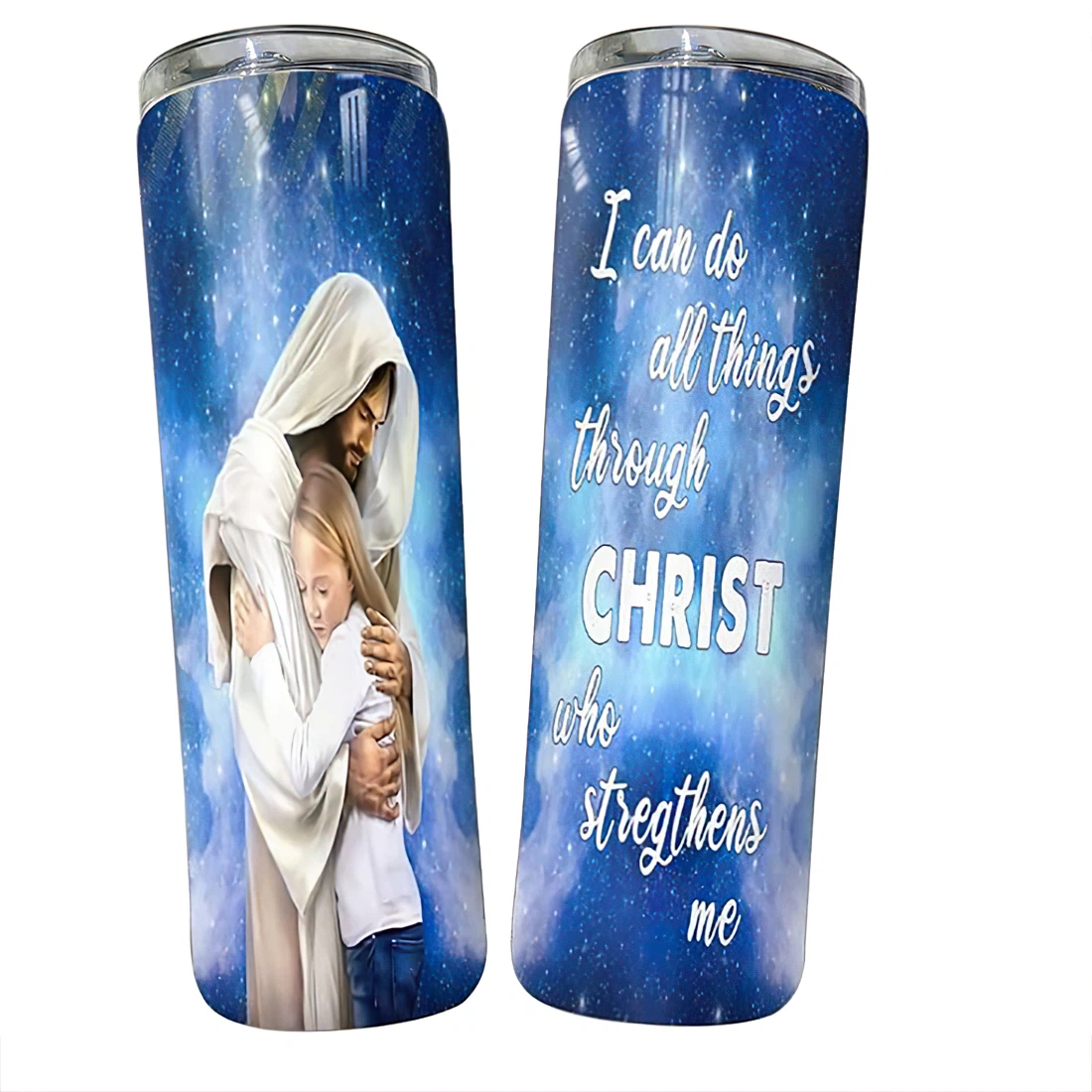Personalized Name Jesus All Things Through Christ Stainless Tumbler 17 Oz Glitter with Lid and Plastic Straws Travel Mug