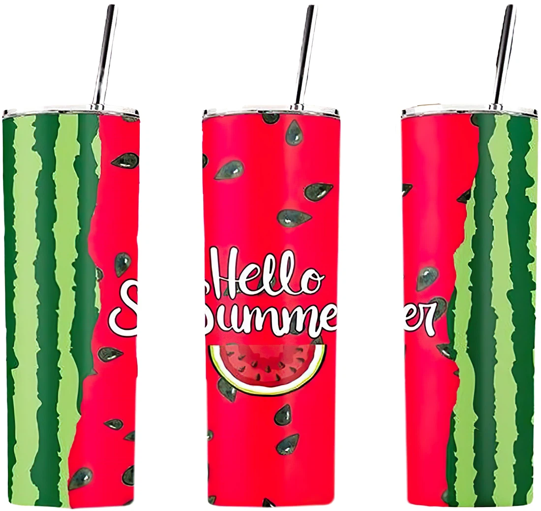 Personalized Name Hello Summer Watermelon Tumbler 17 Oz Glitter with Lid and Plastic Straws Travel Mug