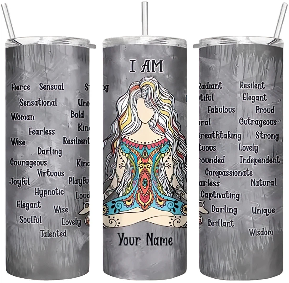 Personalized Name Yoga I Am Fearless Tumbler 17 Oz Glitter with Lid and Plastic Straws Travel Mug