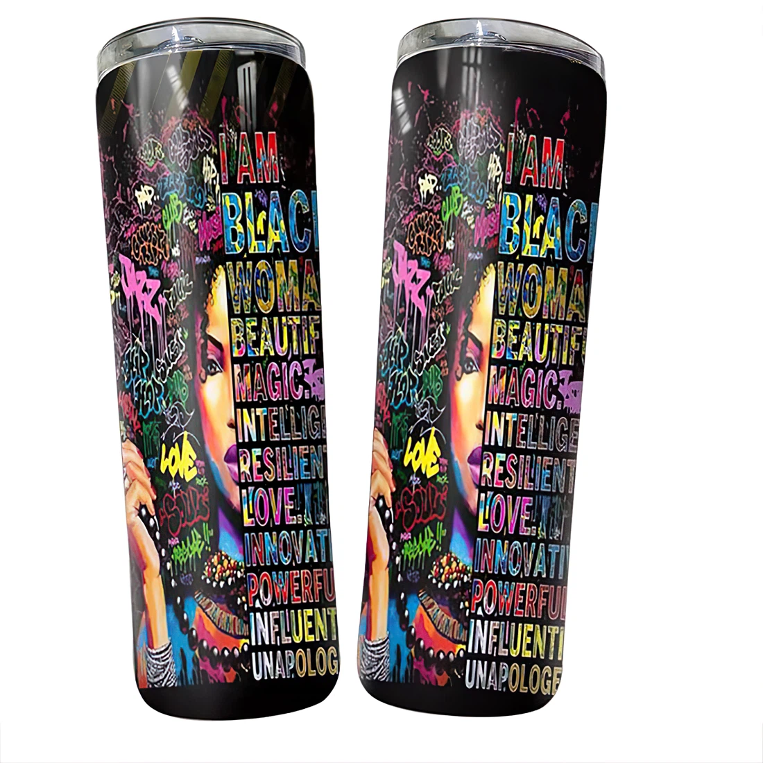 Personalized Name I Am Black Woman Beautiful Tumbler 17 Oz Glitter with Lid and Plastic Straws Travel Mug