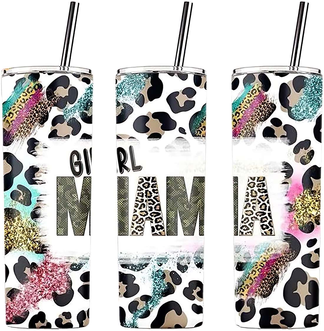 Personalized Name Girl Mama Cheetah Print Tumbler 17 Oz Glitter with Lid and Plastic Straws Travel Mug