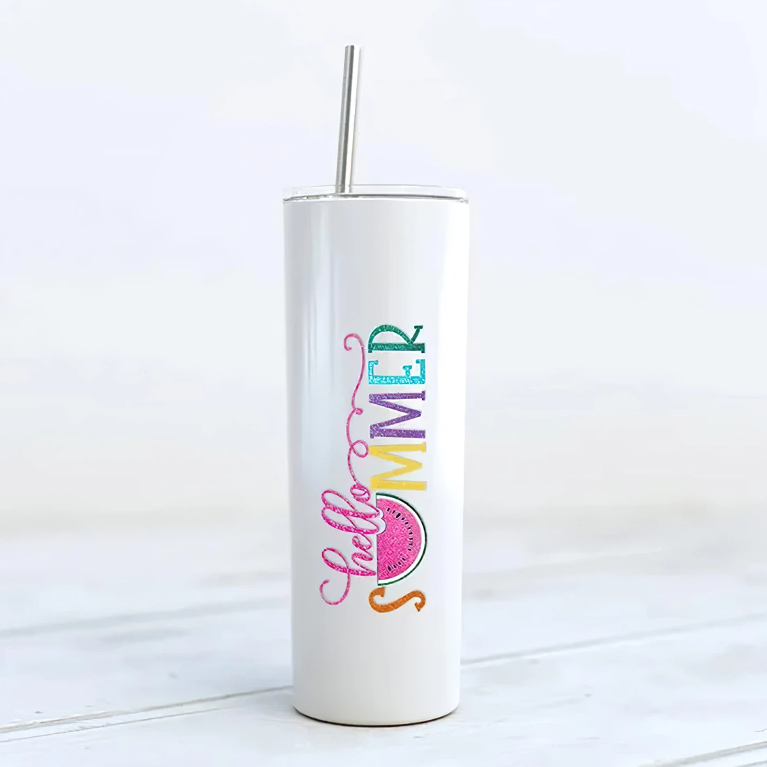 Personalized Name Hello Summer White Simple Tumbler 17 Oz Glitter with Lid and Plastic Straws Travel Mug