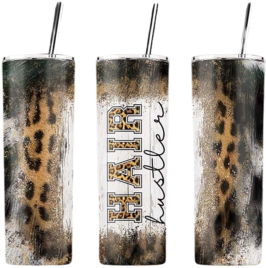 Personalized Name Hair Hustler Leopard Cowhide Tumbler 17 Oz Glitter with Lid and Plastic Straws Travel Mug