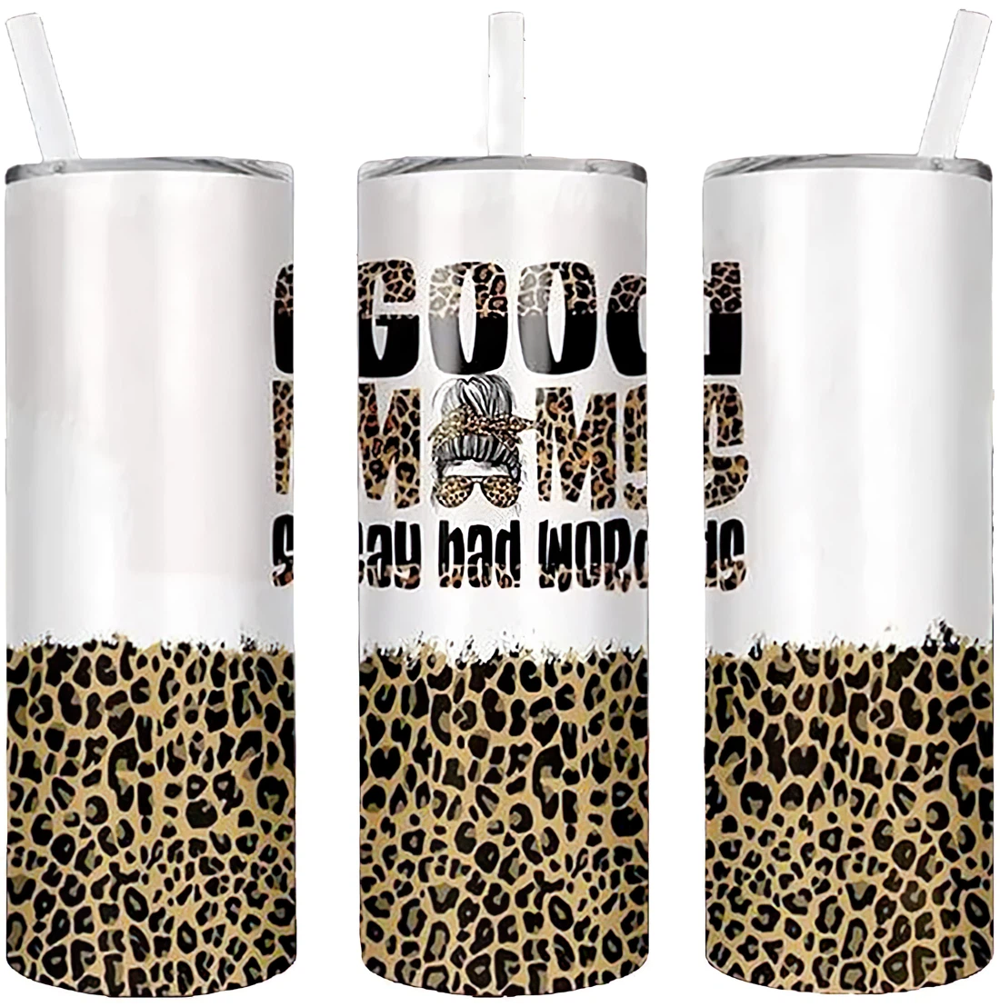 Personalized Name Good Moms Say Bad Words Cheetah Tumbler 17 Oz Glitter with Lid and Plastic Straws Travel Mug