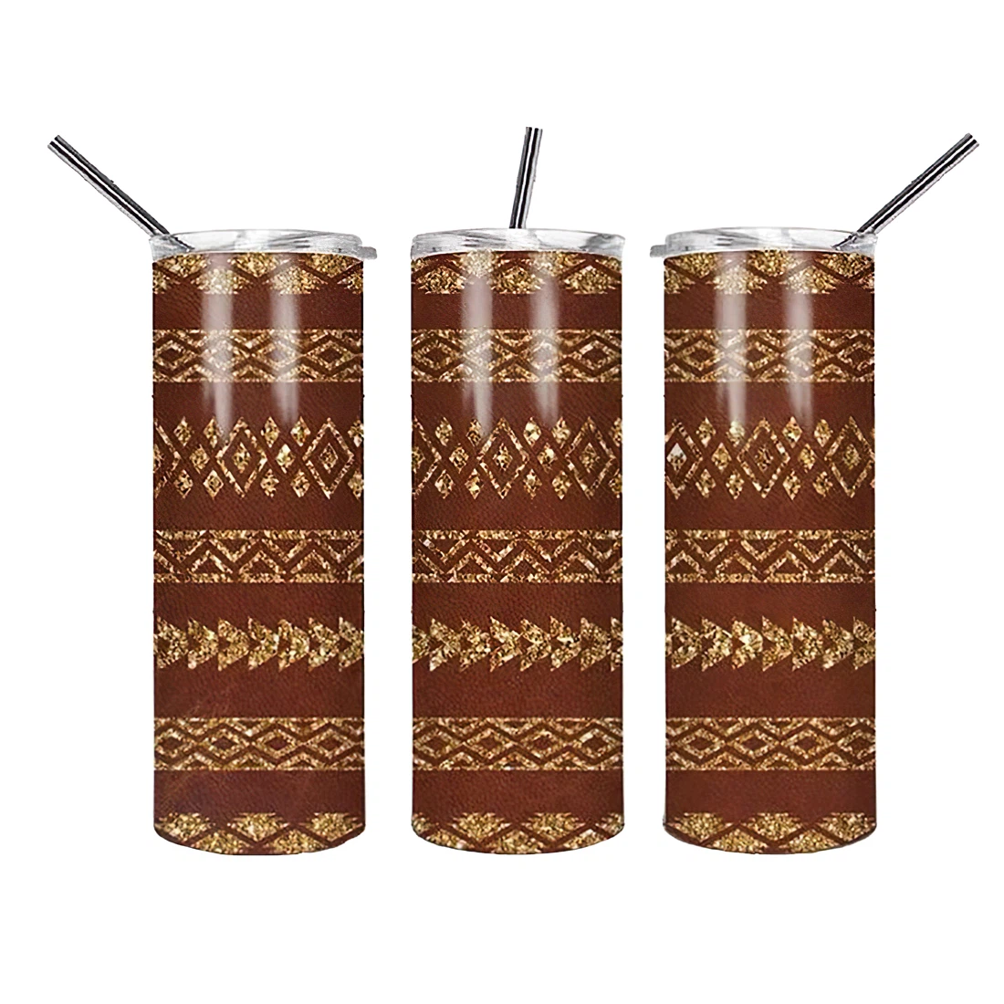 Personalized Name Gold Leather Aztec Brown Tumbler 17 Oz Glitter with Lid and Plastic Straws Travel Mug