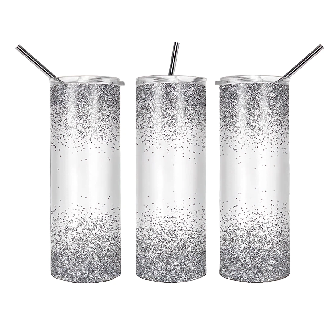 Personalized Name Grey White Glitter Basic Tumbler 17 Oz Glitter with Lid and Plastic Straws Travel Mug