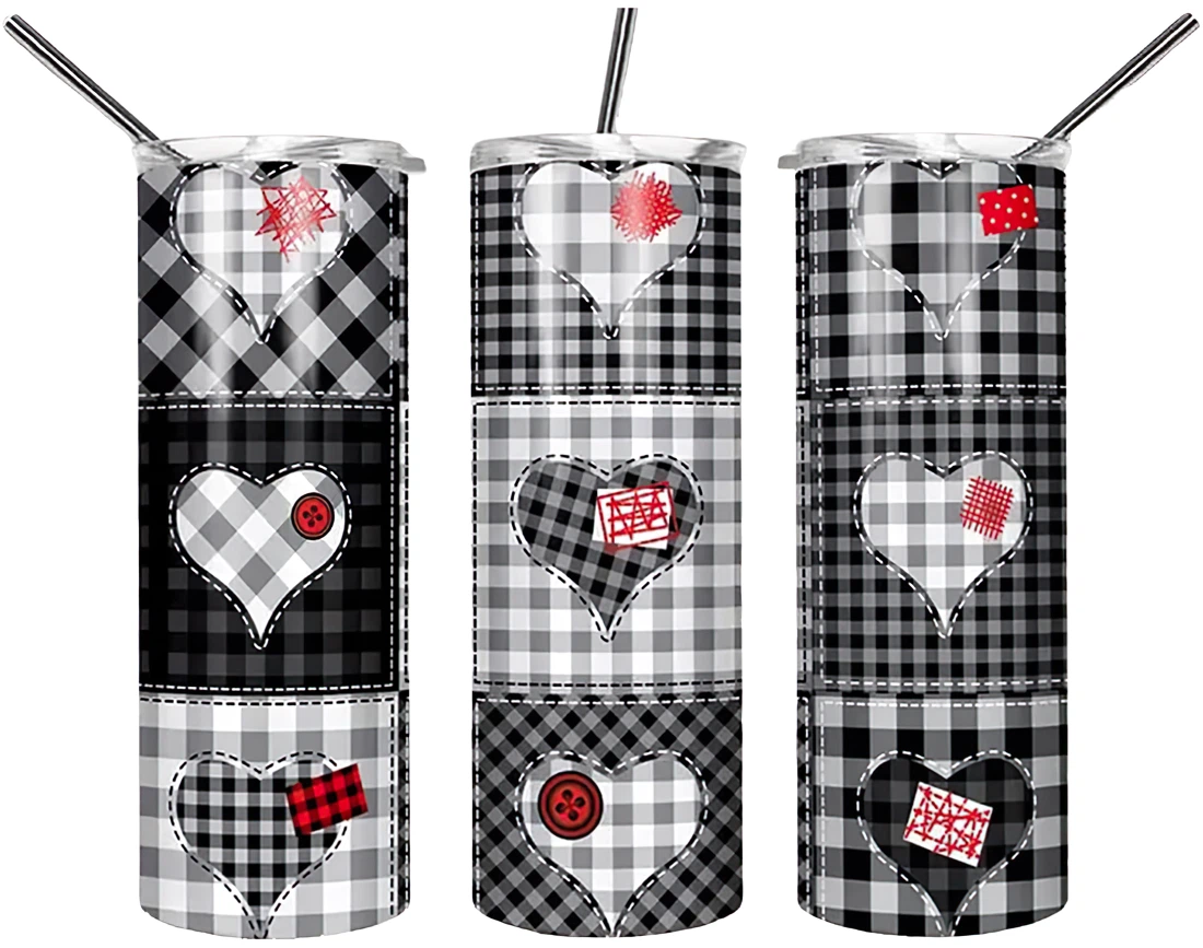 Personalized Name Heart Patch Plaid Background Tumbler 17 Oz Glitter with Lid and Plastic Straws Travel Mug