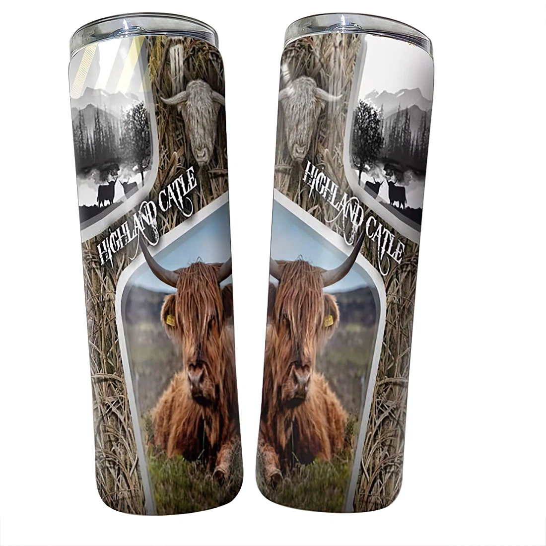 Personalized Name Cow Highland Cattle Camo Tumbler 17 Oz Glitter with Lid and Plastic Straws Travel Mug