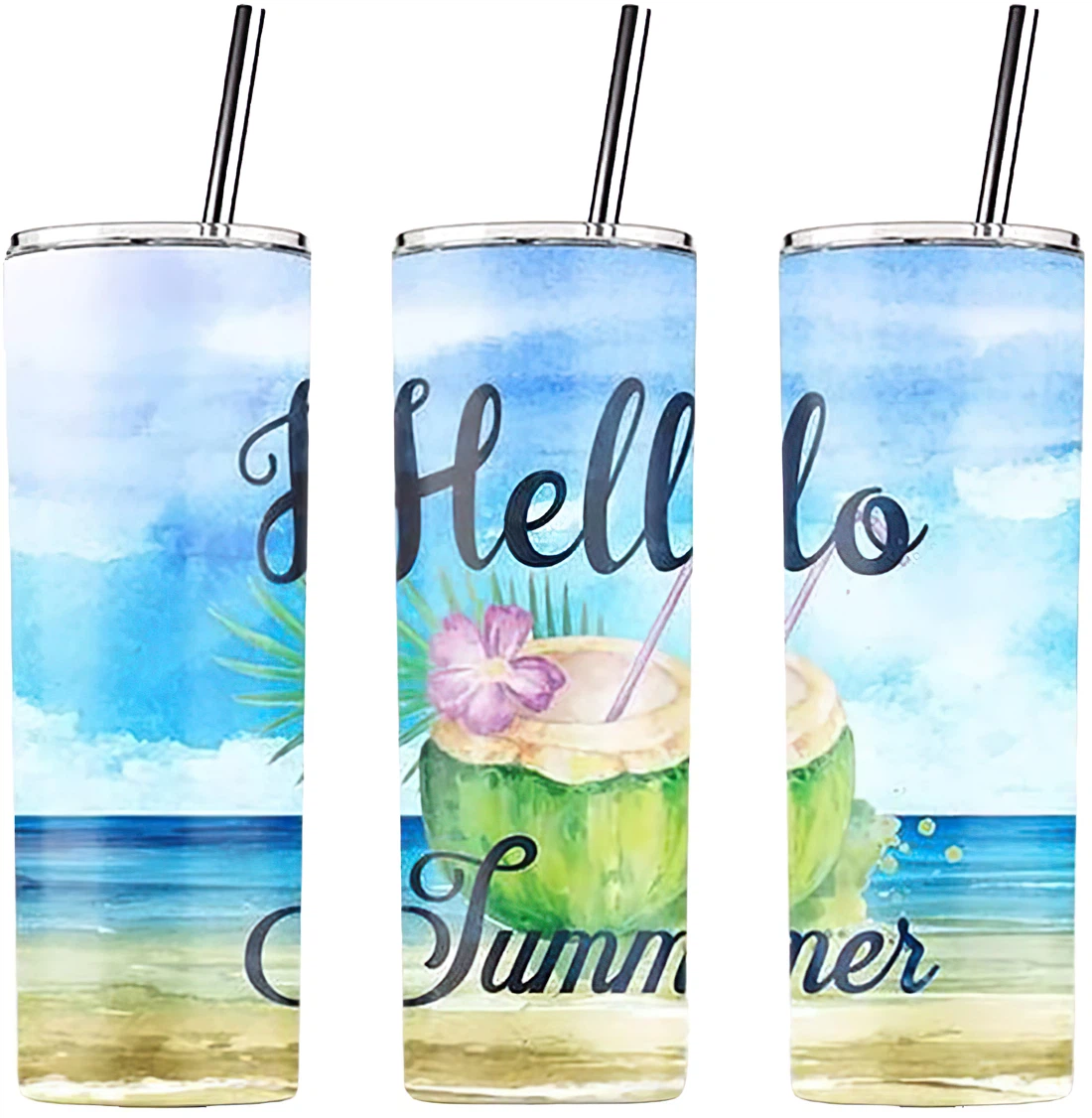 Personalized Name Hello Summer Happy Holiday Tumbler 17 Oz Glitter with Lid and Plastic Straws Travel Mug