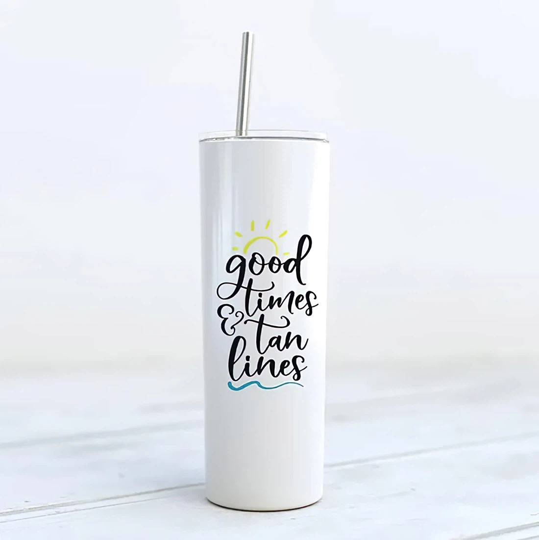 Personalized Name Good Times and Tan Lines White Tumbler 17 Oz Glitter with Lid and Plastic Straws Travel Mug