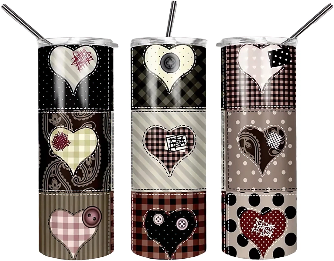 Personalized Name Heart Patch Plaid Background Tumbler 17 Oz Glitter with Lid and Plastic Straws Travel Mug