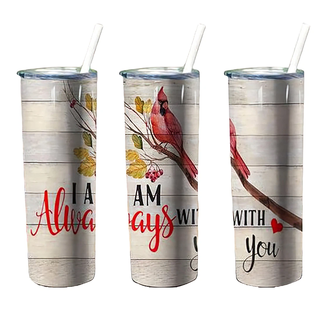 Personalized Name I Am Always With You Cardinal Tumbler 17 Oz Glitter with Lid and Plastic Straws Travel Mug