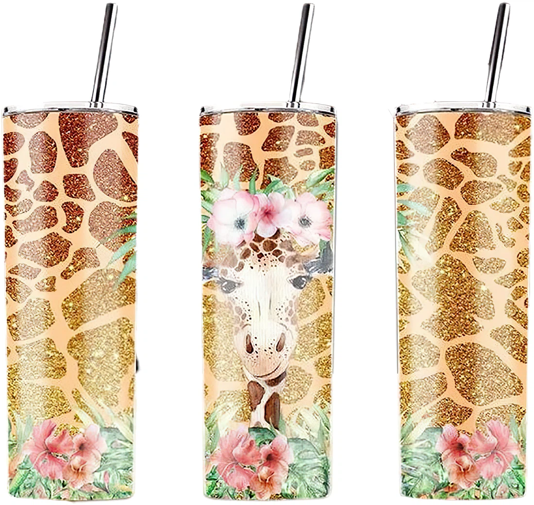 Personalized Name Giraffe Flower Beautiful Glitter Tumbler 17 Oz Glitter with Lid and Plastic Straws Travel Mug