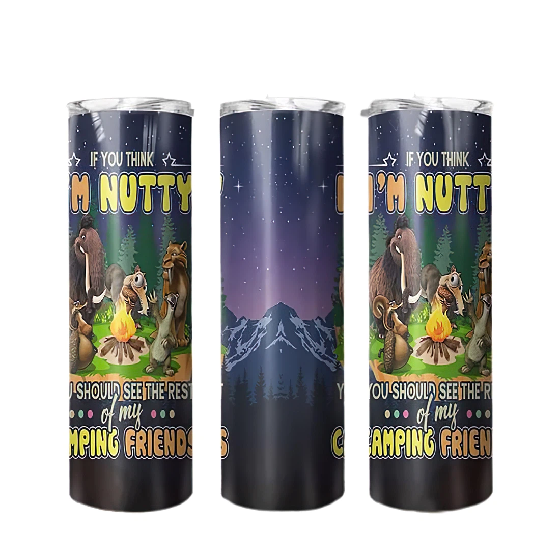 Personalized Name Nutty Camping Friends Tumbler 17 Oz Glitter with Lid and Plastic Straws Travel Mug