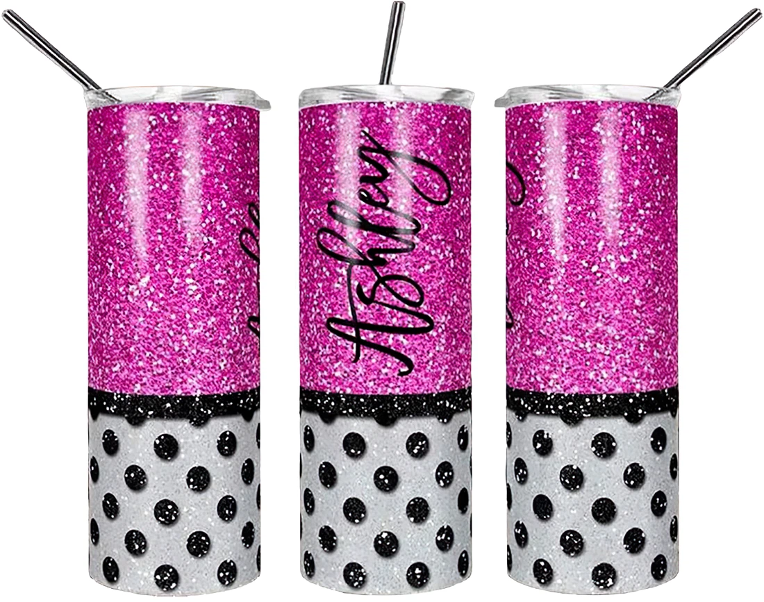 Personalized Name Pink and Black Glitter Polka Dot Tumbler 17 Oz Glitter with Lid and Plastic Straws Travel Mug