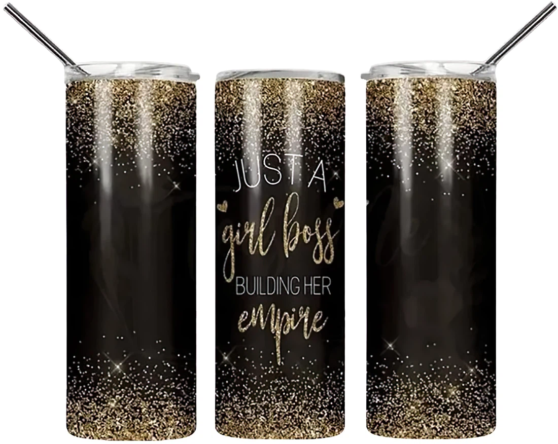 Personalized Name Girl Boss Building Her Empire Beautiful Tumbler 17 Oz Glitter with Lid and Plastic Straws Travel Mug