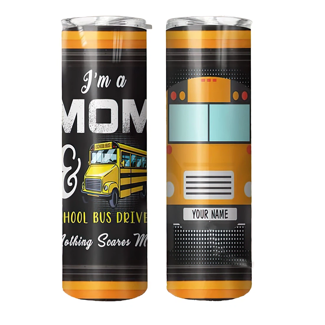 Personalized Name School Bus Driver I'm A Mom Tumbler 17 Oz Glitter with Lid and Plastic Straws Travel Mug