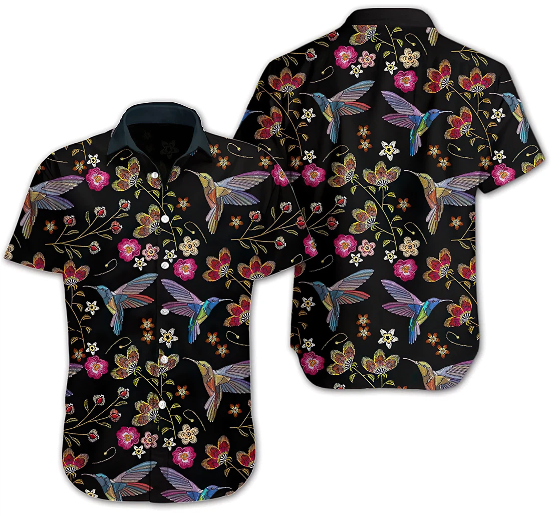 Personalized Hummingbird Embroidery Flowers Womens Mens Couples Matching Friends Funny Family Summer Hawaiian Shirt, Button Up Aloha Shirt For Men, Women