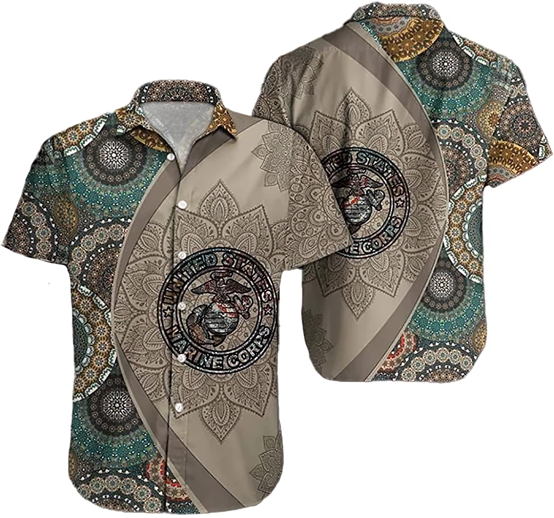Personalized Us Marine Corps Mandala Brown Hawaiian Shirt, Button Up Aloha Shirt For Men, Women