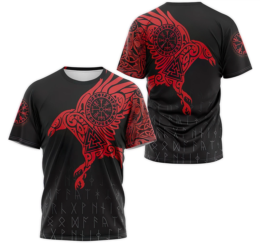 T-Shirt, Hoodie - Red Ravens Nordic Compass Valknut Norse Mythology Pattern 3D Printed