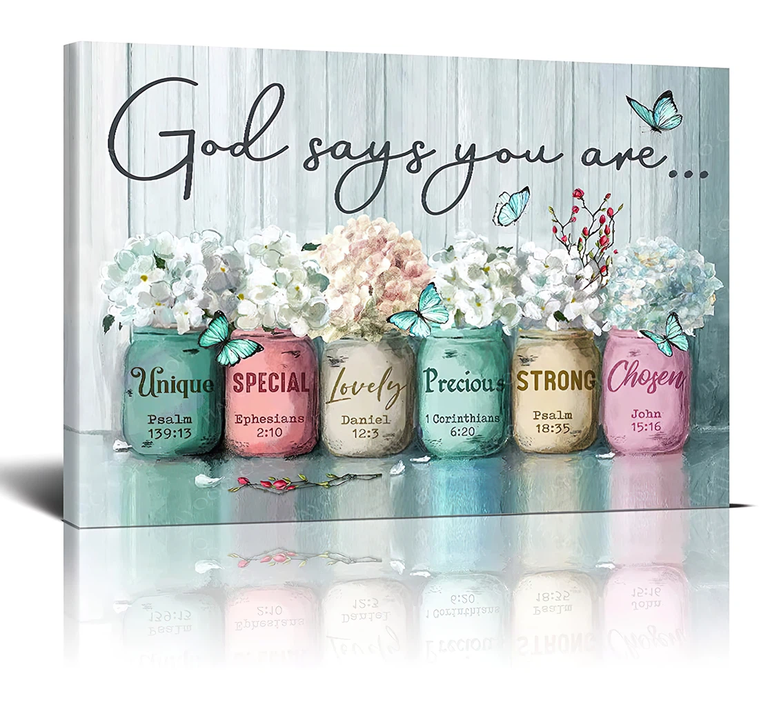 Encouraging Bible Verses On Cute Marson Jars With Butterflies God Says You Are Printed Poster, Framed Canvas, Wall Art