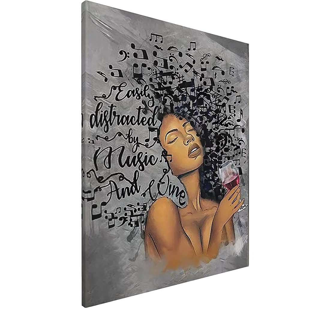 Easily Distracted By Music And Wine, African American Black Women Elegant Drink Wine Printed Poster, Framed Canvas, Wall Art