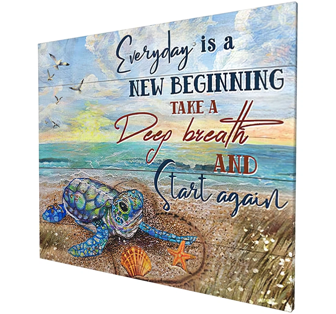 Every Day Is New Beginning Bule Sky Turtle Seagull In Beach Printed Poster, Framed Canvas, Wall Art